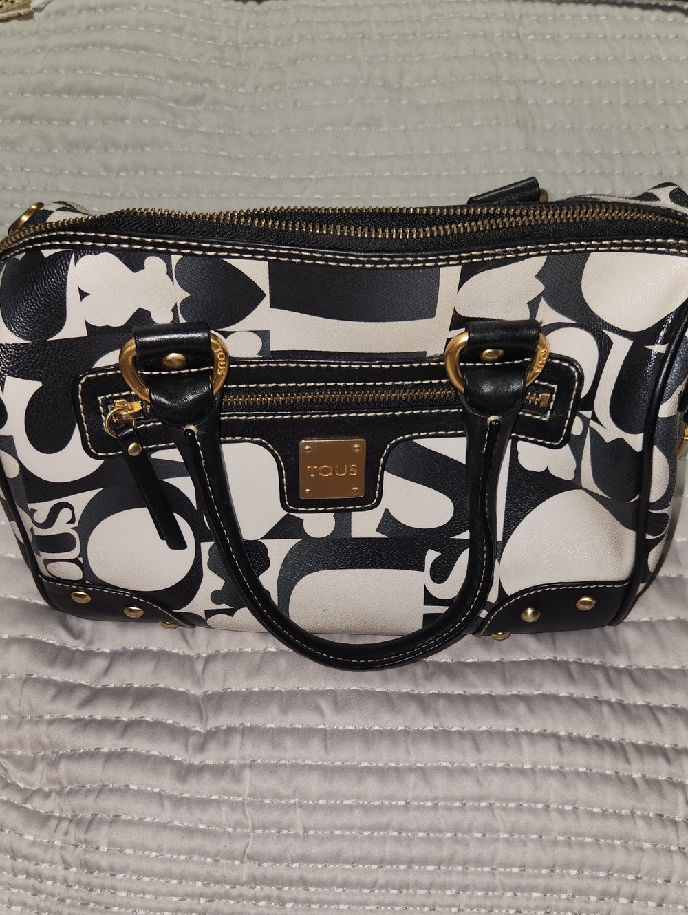 Tous Black and White Logo Satchel with Gold Accents